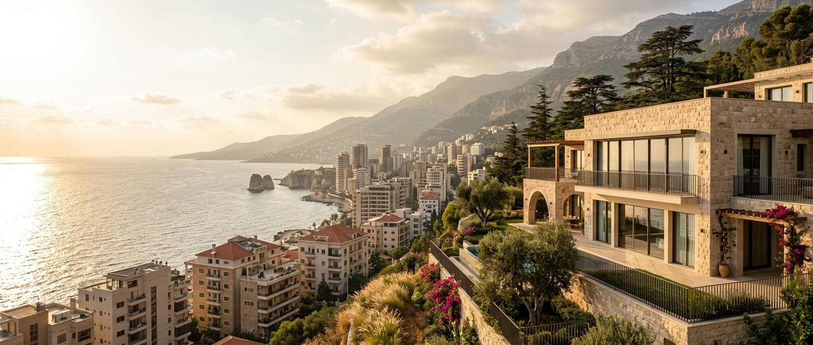Lebanese coastline with stone houses and mountains